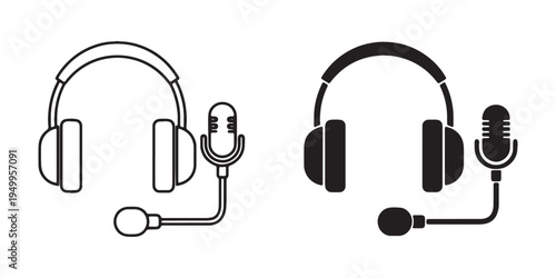 Black and white headphones with microphone icons for audio recording or podcasting
