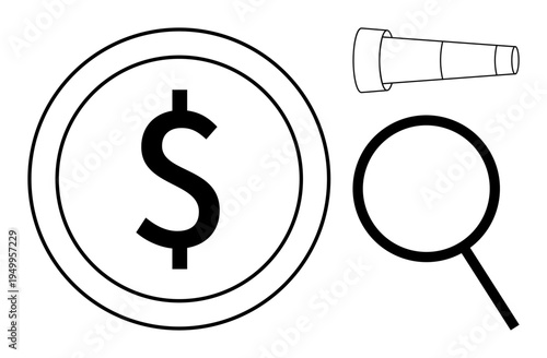 Large dollar sign represents money, magnifying glass details financial analysis, telescope signifies big-picture vision. Ideal for finance, investment, strategy, research, wealth, analysis
