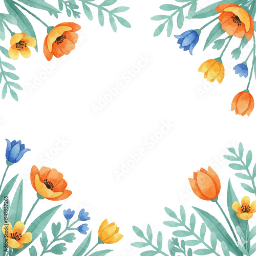 Delicate watercolor floral frame with orange, yellow and blue wildflowers and soft green leaves forming a decorative border. Elegant botanical background with empty center, perfect for invitations, ca