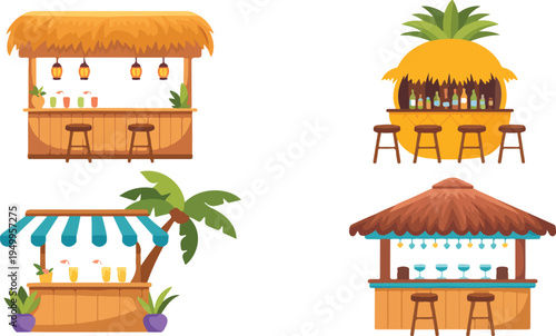 Colorful tropical-style beach bars and juice stands illustration with playful summer vibes, fresh fruit drinks, and seaside relaxation vector art