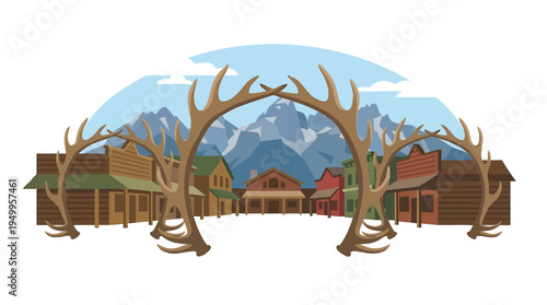 A serene mountain village scene with bare trees and rustic cabins
