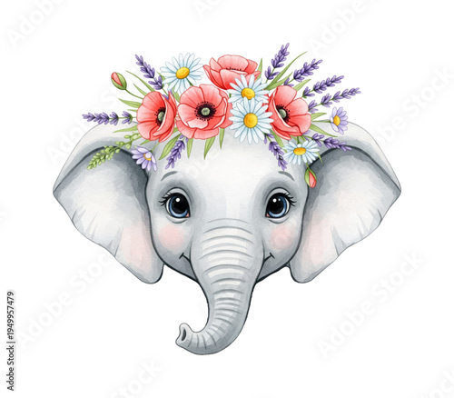 Adorable watercolor baby elephant portrait wearing a vibrant crown of poppies, daisies, and lavender. Perfect for nursery wall art, baby shower invites, and children's apparel.