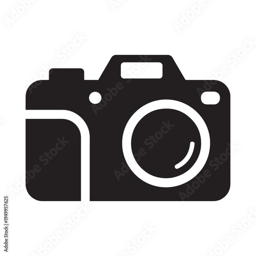 Simple black and white icon of a classic single lens reflex camera