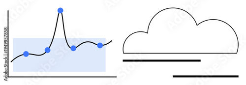 Data analytics, cloud computing, digital transformation, business trends, information systems, statistics. Line graph with data points, cloud icon. Data analytics and cloud computing concept