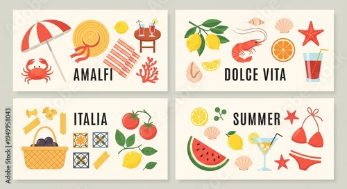 Amalfi Coast Summer Vacation Vector Illustration Set with Italian Food and Beach Elements, Ideal for Travel and Lifestyle Graphics