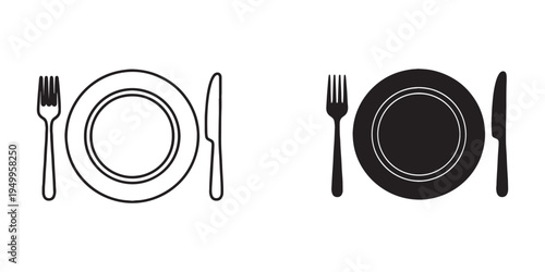 Black and white line icons of cutlery on plates and map markers