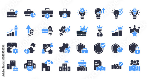Business Strategy And Corporate Management Icons Pack. Startup innovation leadership partnership and office workflow vector icon set