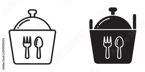 Black and white cloche dish icons with utensils on plate