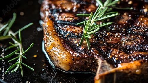 ribeye. Close-up of a grilled ribeye steak with rosemary sprigs, highlighted by directional lighting on a dark rustic background. menu design.