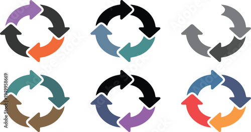 Set of six circular diagrams with arrows illustrating cycles, processes, workflow, and continuous loop concepts in vector infographic style