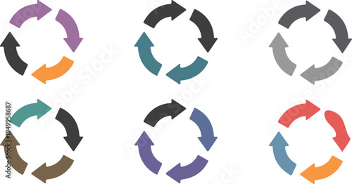 Set of six circular diagrams with arrows illustrating cycles, processes, workflow, and continuous loop concepts in vector infographic style