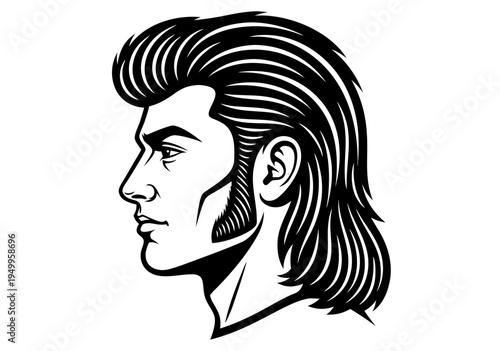 Vector illustration of contemplative man in profile with pompadour hair, classic linocut style portrait