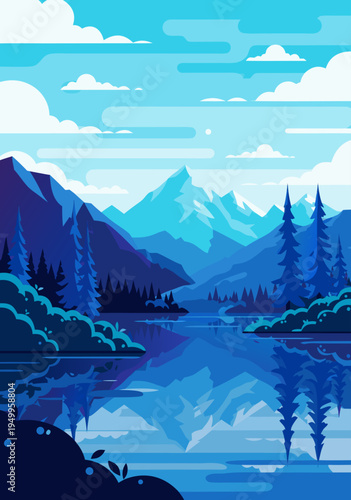 Serene mountain lake landscape vector illustration with snow peaks reflecting tranquil blues