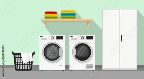Vector illustration of tidy laundry room interior with washer dryer cabinet shelf basket pastel view
