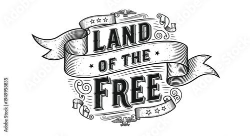 Vector illustration of 'Land of the Free' typographic design with ribbons and stars