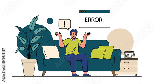 Frustrated cartoon man on teal couch under error window, vector illustration of domestic tech stress