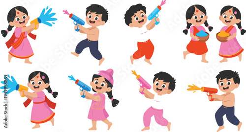 Joyful group of people celebrating with vibrant colored powders during festive event, capturing fun, energy, and cultural celebration vector illustration