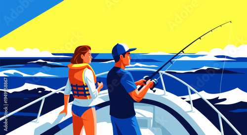 Vector illustration of couple fishing on boat in ocean relaxation leisure