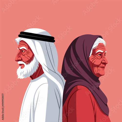 Vector illustration of elderly couple in traditional attire standing back to back on salmon backdrop
