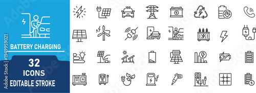 Battery Charging and Electric Vehicle Line Icon Set. Contain to related icons EV charging station, electric car, battery, renewable energy and power supply. Editable stroke. Vector illustration.