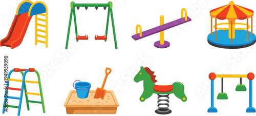 Colorful playground equipment icon set arranged in two rows featuring slides, swings, climbing frames, and fun kids’ play elements