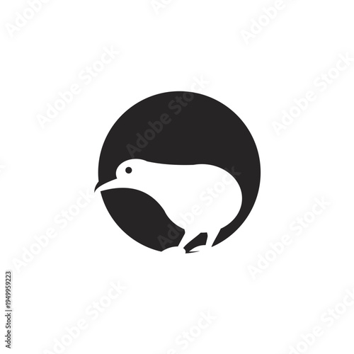 Minimalist Kiwi Bird Logo Icon in Black Circle Negative Space Design