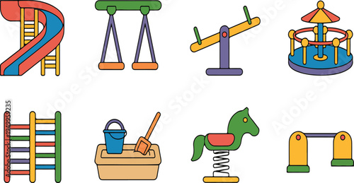 Colorful playground equipment icon set arranged in two rows featuring slides, swings, climbing frames, and fun kids’ play elements