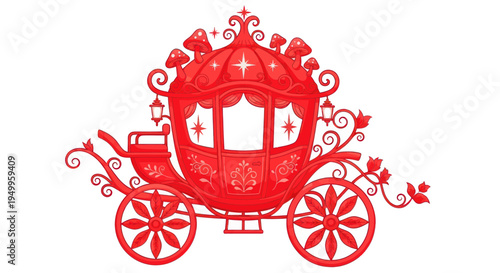 Enchanted Red Carriage with Magical Sparkles and Mushrooms