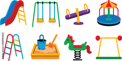 Colorful playground equipment icon set arranged in two rows featuring slides, swings, climbing frames, and fun kids’ play elements
