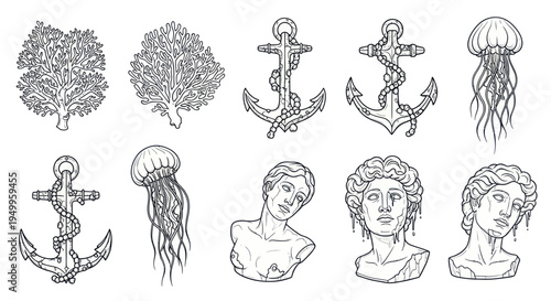 Nautical and Classical Elements: Coral, Anchors, Jellyfish, and Busts Drawing Set