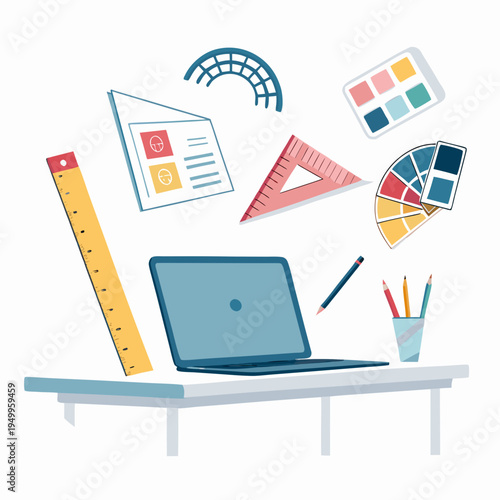 Modern laptop surrounded by floating creative graphic design tools and artistic supplies for professional digital artists working in a creative workspace concept