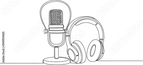 Microphone and Headphones Line Art Illustration
