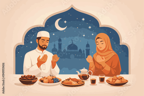 Ramadan Iftar Prayer Muslim Couple Eating Dates and Food Islamic Night Illustration