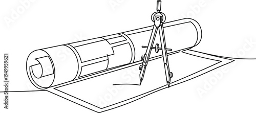 Blueprint roll with drawing compass on paper