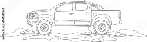 Pickup truck on rocky terrain, line art illustration
