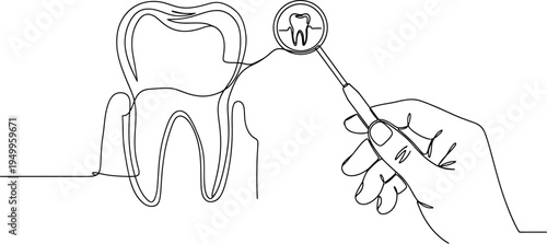 Hand holding dental mirror examining a tooth