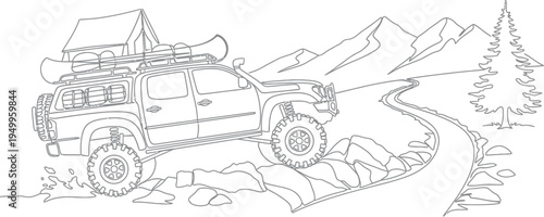 Off-road 4x4 truck on mountain road with camping gear