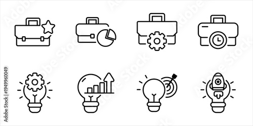 Outline Business Idea And Strategy Icons Pack. Professional work innovation startup planning and productivity line icon set