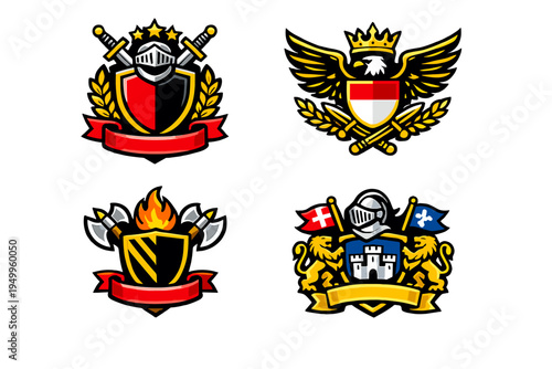 A collection of four heraldic crests and emblems featuring shields