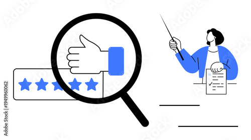 Magnifying glass focuses on thumbs up and five-star rating. Person gestures with a pointer, holding a report. Ideal for customer satisfaction, evaluation, quality control, survey, feedback