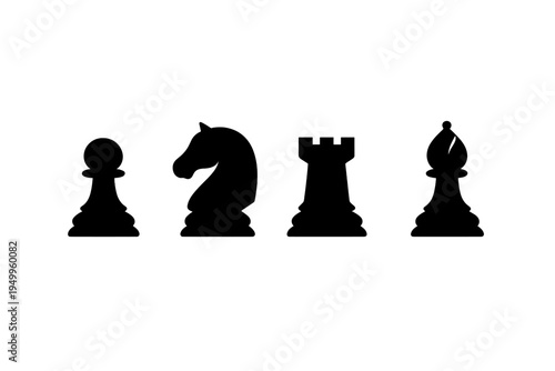 A set of four black chess piece silhouettes including a pawn, knight