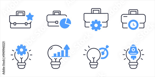 Business Creativity And Startup Concept Icons Pack. Idea development strategy planning and corporate productivity vector icons