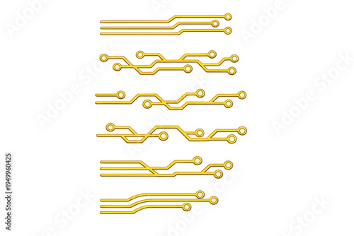 Collection of six golden electronic circuit board trace designs on a