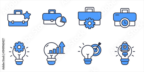 Office Business Innovation And Professional Tools Icons. Idea strategy growth planning and productivity vector icon set