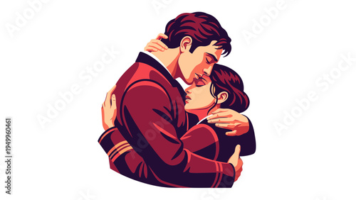 Romantic Couple Embracing Tenderly, Man Kissing Woman's Forehead, Expressing Love and Affection, Stylized Vector Illustration, Valentine's Day or Relationship Concept