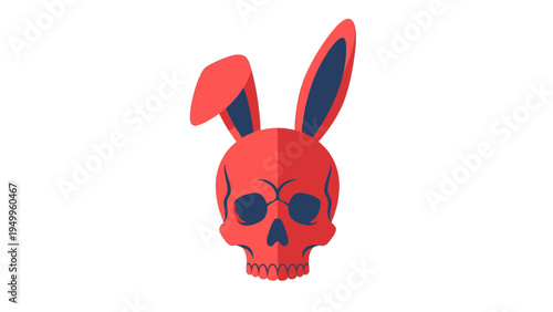 Red Skull with Bunny Ears Vector Illustration, Spooky Halloween Easter Hybrid Character, Graphic Design Element for Dark Themed Concepts
