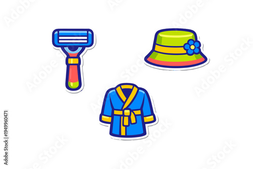 A collection of three colorful sticker-style icons featuring a blue