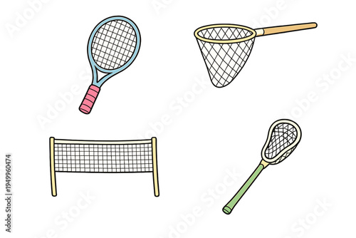 A set of four hand-drawn vector icons featuring a tennis racket, a