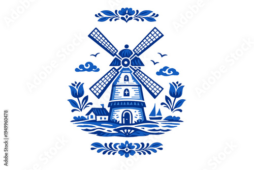 A traditional Dutch windmill illustration in the classic Delft Blue