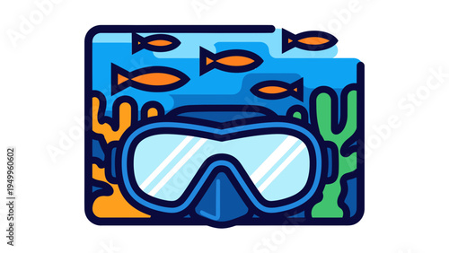 Scuba Diving Mask and Coral Reef Vector Illustration with Fish, Underwater Scene Graphic for Travel and Hobby